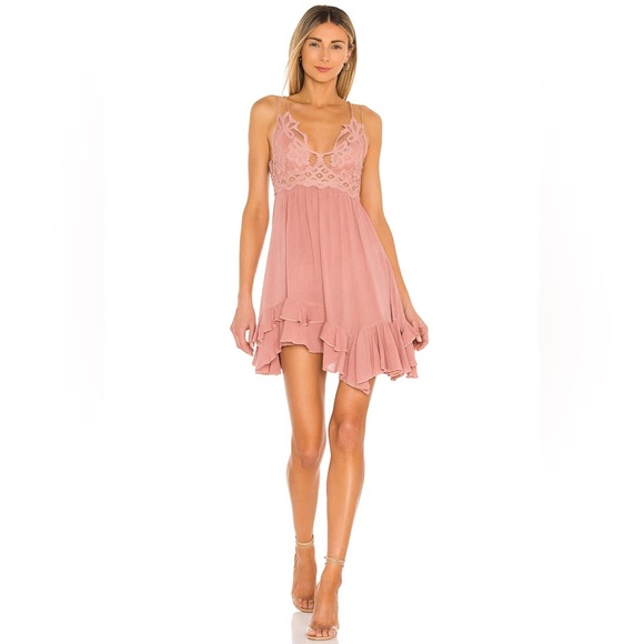 Free People Adella Slip Rose Pink Barbie Mauve Lace Strappy Mini Dress